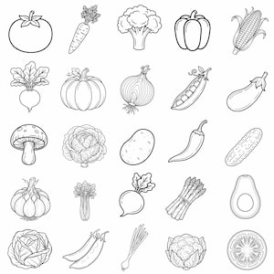 Può includere: Una collezione di venticinque illustrazioni in bianco e nero a tratto di varie verdure, tra cui un pomodoro, una carota, broccoli, un peperone, mais, una barbabietola, una zucca, una cipolla, un baccello di piselli, una melanzana e un fungo.