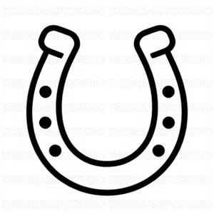 May include: A black and white line art illustration of a horseshoe. The horseshoe is oriented with the open end facing upward and features six small black circular nail holes, three on each side of the U-shaped metal frame.