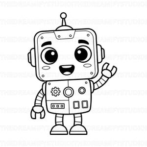 Könnte beinhalten: Schwarz-weiße Cartoon-Roboter-Illustration. Der Roboter hat einen quadratischen Kopf mit großen Augen, einem lächelnden Mund und einem winkenden Arm. Details umfassen ein Zahnrad, Kreise und rechteckige Formen am Körper.