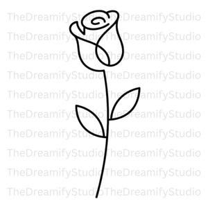 May include: A black line drawing of a rose. The rose has a detailed bud with a spiral center, a long stem, and two leaves. The design is simple and elegant, suitable for various applications.