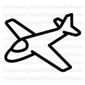 May include: A black line art illustration of an aeroplane. The design features a stylized outline of an aircraft with wings, a fuselage, and a tail. The image is a simple, graphic representation of an aeroplane, suitable for various design applications.