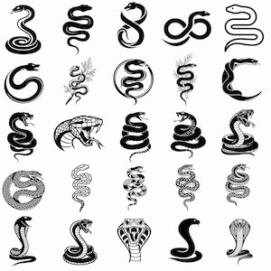 May include: A collection of twenty-five black and white graphic illustrations of snakes in various poses, including coiled, striking, and wrapped around branches. The designs feature detailed scales, open mouths with fangs, and smooth silhouettes.