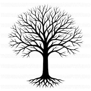 Pode incluir: Silhueta preta de uma árvore em fundo branco. A árvore apresenta um tronco espesso, galhos espalhados e raízes. O design é simétrico, com os galhos e raízes se estendendo para fora.