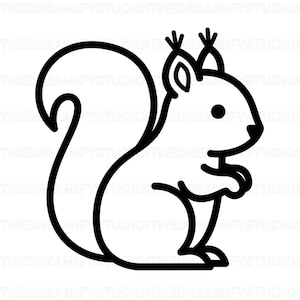 May include: A black and white line drawing of a squirrel in profile. The squirrel has a large, curved tail and is drawn with simple lines and shapes. The image is a minimalist illustration.