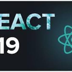 May include: Dark background with the word "REACT" in teal, water-textured font, and "v19" in white. A teal atom symbol is on the right. The image is a graphic design.