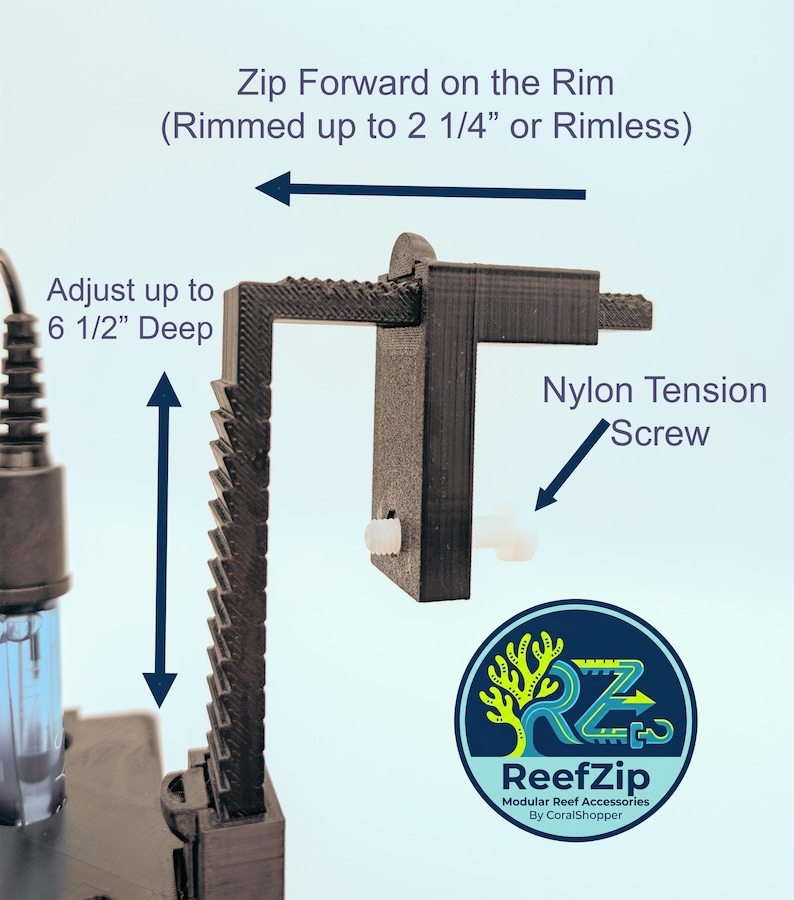 May include: Black modular reef accessory with the text "Zip Forward on the Rim" and "Adjust up to 16.5 cm Deep". The accessory includes a nylon tension screw and a logo that says "ReefZip".