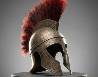 Wearable Spartan Helmet Replica – Antique Brass Corinthian Warrior Armor with Red Plume