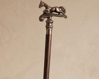 Horse Head Brass Walking Cane, 3-Fold Wooden Stick, Vintage Style Travel Cane