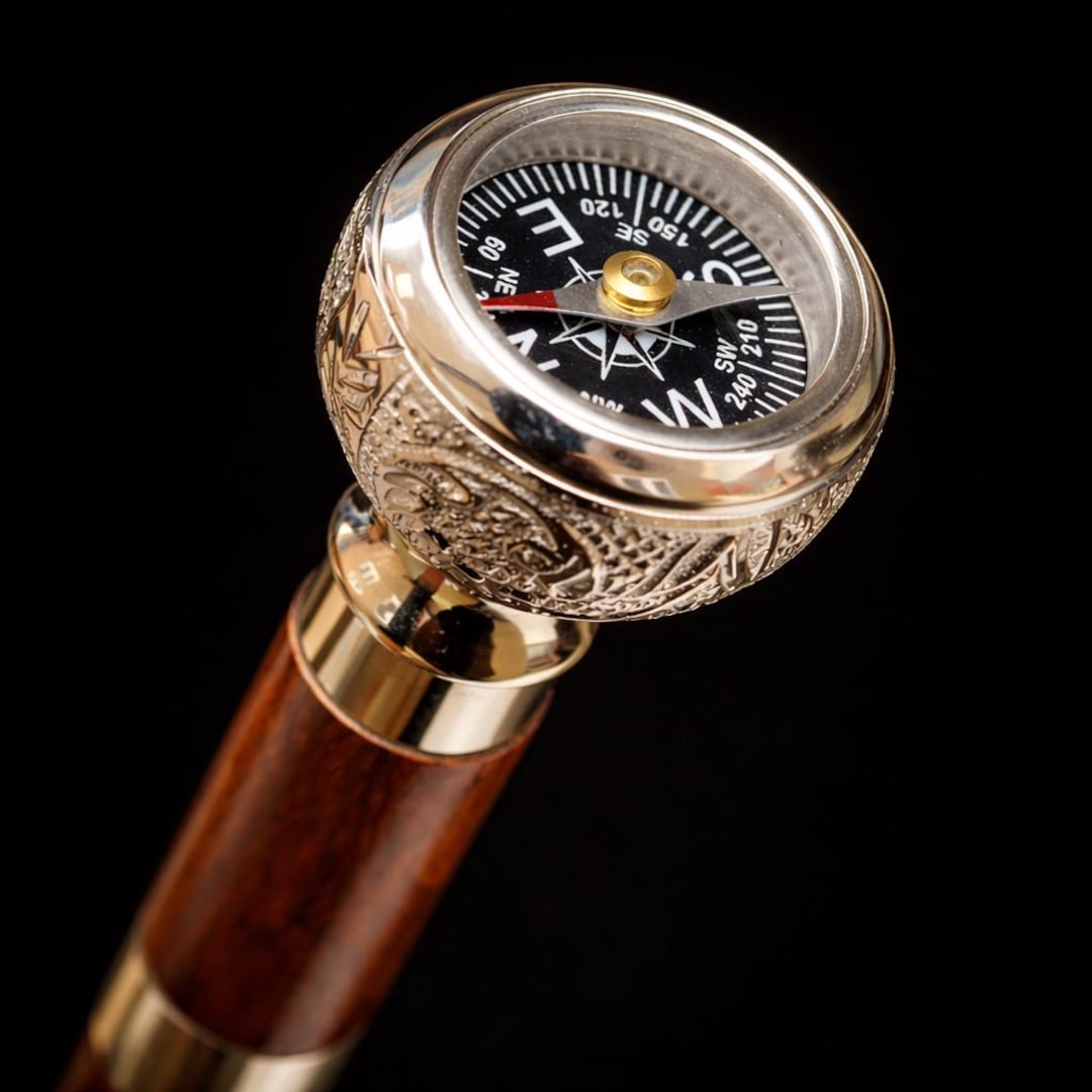 Brass Compass Walking Cane 36” – Vintage Detachable Wooden Walking ...