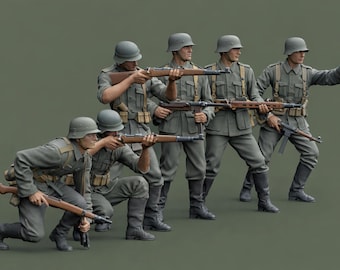 May include: A group of six figures in military uniforms, posed as if in action. They wear gray uniforms, helmets, and boots, and carry rifles. The figures are set against a muted green background.
