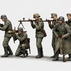 Puede incluir: Un grupo de seis soldados con uniformes y cascos verde oliva, algunos arrodillados y apuntando con armas. Sostienen rifles, ametralladoras y lanzacohetes. La imagen está sobre un fondo blanco.