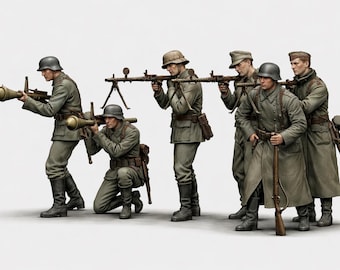 May include: A group of six soldiers in olive drab uniforms and helmets, some kneeling and aiming weapons. They are holding rifles, machine guns, and rocket launchers. The image is set against a plain white background.
