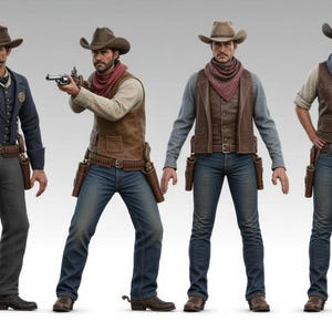 May include: Four figures in cowboy attire, each with a hat, vest, and jeans. One figure wears a dark blue coat, the others brown vests. All have holsters and boots, with one holding a gun.