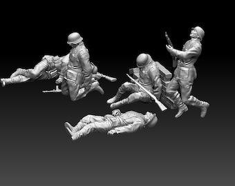 May include: A grayscale image of miniature military figures in various action poses. The figures are dressed in uniforms and helmets, some kneeling, lying down, or standing with rifles. The scene suggests a war or historical diorama.