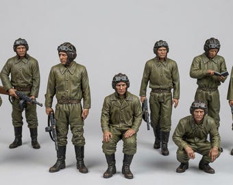Ongeverfde Russische tankbemanning WOII, Sovjet tankbemanning figuren, WOII militaire miniaturen, tankbemanning soldaten, diorama figuren
