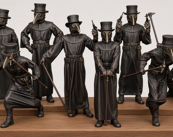 Ongeverfde pestdoktersminiaturen, figuren van de Zwarte Dood, middeleeuwse doktersfiguren van 3D-geprint hars, gotische RPG-miniaturen