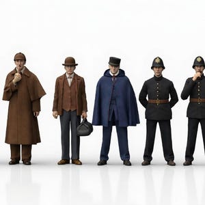 Può includere: Sei statuette di uomini in abiti vintage. Le figure includono un uomo con un lungo cappotto grigio, un uomo con un cappotto e cappello marrone, un uomo con un abito marrone, un uomo con un mantello blu e due uomini in uniformi della polizia nera con elmetti.