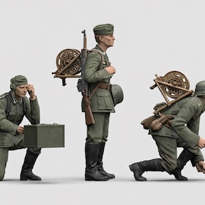 May include: Three detailed miniature figures of soldiers in olive green uniforms. One kneels while using a field radio, another stands with a rifle and equipment, and the third is in a combat stance. The figures are set against a plain background.