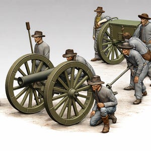 May include: Miniature figures of soldiers in gray uniforms and brown hats, posed around two cannons and a caisson. The cannons and caisson are olive green. The scene depicts a historical military setting.