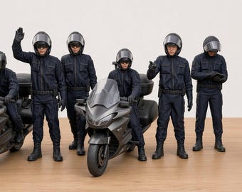 Ongeverfde politiemotorfiguren, motoragenten, 3D-geprinte harsminiaturen, politiemotordiorama