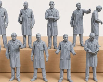 Onbeschilderde miniatuurtjes van wetenschappers, figuren van laboratoriummedewerkers, 3D-geprinte harsfiguren, laboratoriumdiorama, historische miniatuur