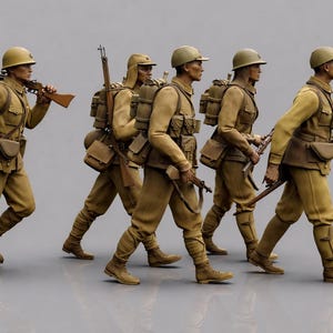 May include: A group of five miniature soldiers in tan uniforms, helmets, and boots, marching in a line. Each figure carries a rifle or a bayonet, with backpacks and pouches. The figures are set against a plain gray background.
