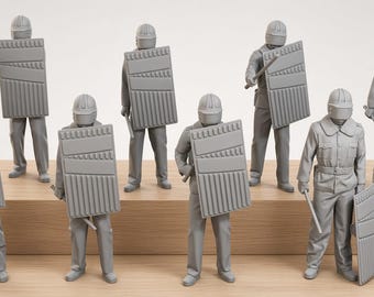 Ongeverfde politiefiguren voor crowd control, 3D-geprinte harsminiaturen, oproerpolitie, protestscène, diorama met wetshandhaving
