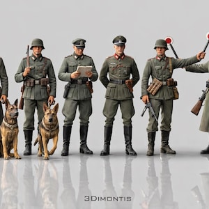Può includere: Una collezione di figurine dettagliate raffiguranti soldati in uniformi verde oliva, alcuni con pastori tedeschi. I soldati sono in posa con fucili, documenti e bastoni di segnalazione. L'immagine include il testo "3DIMONTIS".