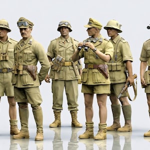 May include: Six figures in tan military uniforms, including shirts, shorts, and boots. Some wear hats and carry binoculars or rifles. The figures are posed in a group, suggesting a historical or military theme.