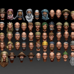 Könnte beinhalten: Eine Sammlung von 3D-gerenderten menschlichen Kopfskulpturen, jede mit einzigartigen Gesichtszügen, Frisuren und Kopfbedeckungen. Die vielfältige Auswahl umfasst Glatzen, Hüte, Turbane und Bärte und zeigt eine Vielzahl von Ausdrücken und Stilen.