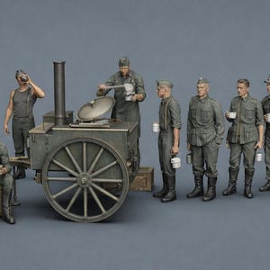 May include: A detailed diorama depicts a military scene with soldiers gathered around a field kitchen. The figures, dressed in olive-green uniforms, are engaged in various activities, including eating and serving food. A large, wheeled cooking unit is the focal point.