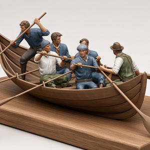 Könnte beinhalten: Ein detailliertes Modell eines hölzernen Ruderboots mit fünf Figuren in historischer Kleidung. Die Figuren halten Ruder in den Händen und tragen Hemden, Hosen und Hüte in Blau-, Weiß-, Grün- und Brauntönen, platziert auf einem Holzsockel.
