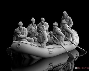 Diorama met figuren van Duitse Kriegsmarine-matrozen uit de Tweede Wereldoorlog, die een opblaasboot voorstellen.