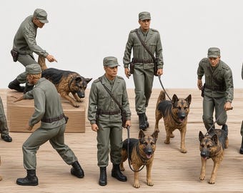 Ongeverfde politiehondenfiguren, 3D-geprinte politiehonden van hars, miniatuur hondengeleiders, werkhondenfiguren, historisch diorama