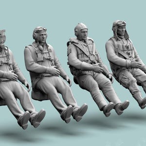May include: Four gray pilot figures in seated positions, each wearing flight gear, including helmets, goggles, and vests. The figures are detailed with realistic textures and are set against a light blue background.