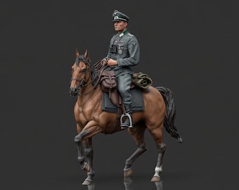 May include: A detailed figurine of a man in a military uniform riding a brown horse. The horse is in motion, with one leg raised. The man wears a hat and carries binoculars. The horse has a black mane and tail. The background is a solid dark gray.