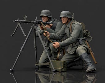 May include: Two figures in military uniforms are kneeling, operating a machine gun. The figures wear helmets and grey uniforms. The machine gun is mounted on a tripod. The scene is set against a dark background.