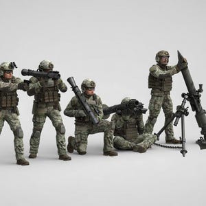May include: Five figures in military uniform, armed with rifles and a mortar. They are wearing camouflage uniforms, helmets, and tactical gear. The figures are in various poses, including standing, kneeling, and crouching.