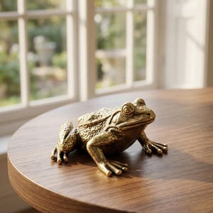 May include: A detailed brass frog sculpture with textured skin sits on a round wooden table. The frog is in a seated position, with its front legs extended. The sculpture has detailed eyes and a slightly open mouth.