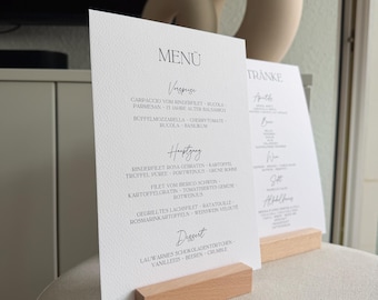 Menükarte Hochzeit mit Getränkekarte & Holzfuß – Menü Schild Hochzeit, Getränkemenü, Hochzeit Deko, Wedding Menu Sign Tischdeko