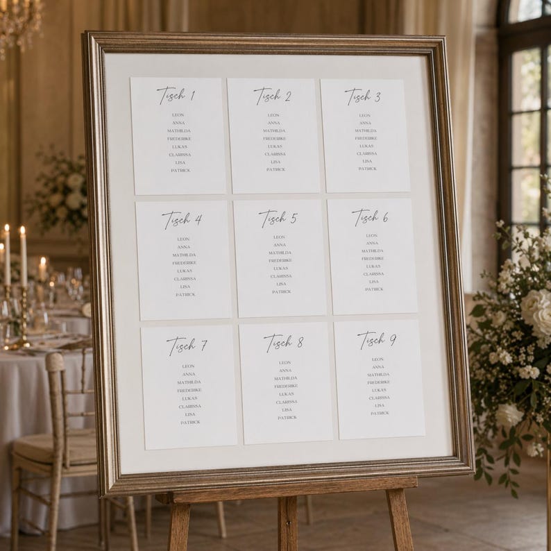 K&ouml;nnte beinhalten: Ein gro&szlig;er, rechteckiger goldfarbener Rahmen mit einem Sitzplan f&uuml;r Hochzeiten, bestehend aus neun wei&szlig;en Karten in einem Raster. Jede Karte ist mit Tisch 1 bis Tisch 9 beschriftet, gefolgt von einer Namensliste mit Leon, Anna, Mathilda, Friederike, Lukas, Clarissa, Lisa und Patrick.
