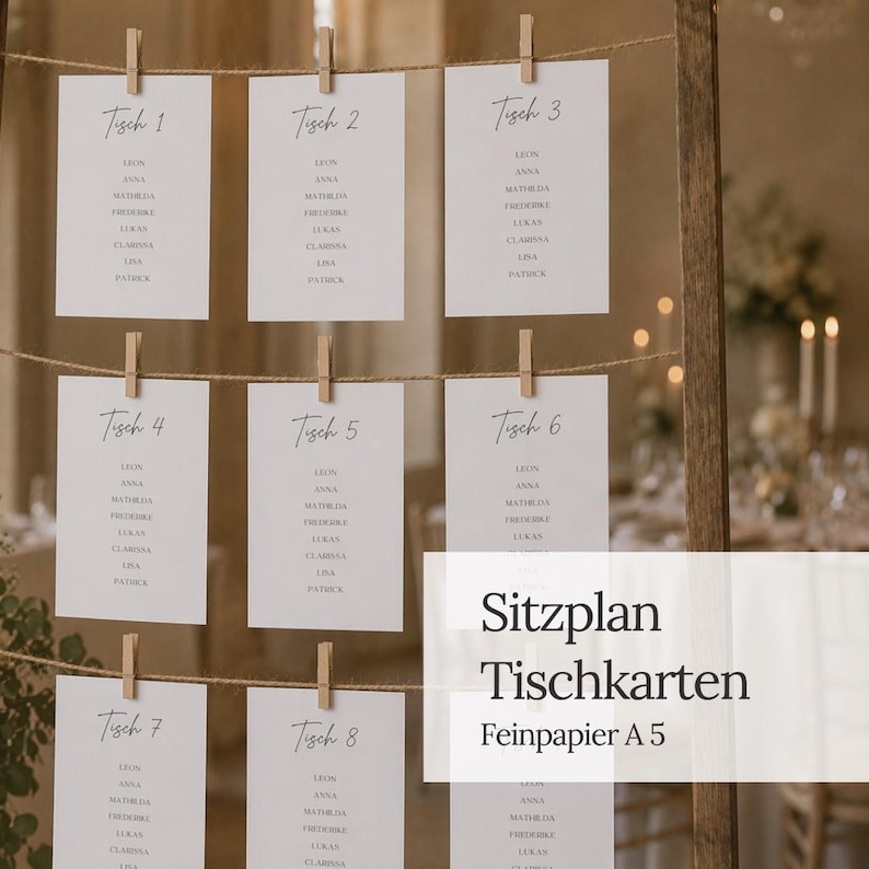 K&ouml;nnte beinhalten: Ein Sitzplan mit wei&szlig;en, rechteckigen Karten von Tisch 1 bis 8, die jeweils Namen in schwarzer Schrift auflisten. Die Karten sind mit h&ouml;lzernen W&auml;scheklammern an horizontalen Hanfschn&uuml;ren befestigt, die an einem Holzrahmen angebracht sind.