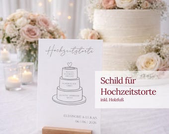 Personalisierte Hochzeitstorten Karte A5 mit Holzfuß - Tortenschild Hochzeit mit Namen, Datum & Geschmacksrichtungen - Wedding Cake Schild