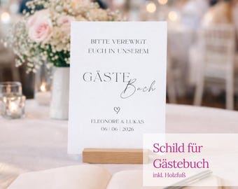 Personalisiertes Gästebuch Schild A5 mit Holzfuß - Gästebuch Schild Hochzeit mit Namen & Datum - Wedding Guestbook Sign