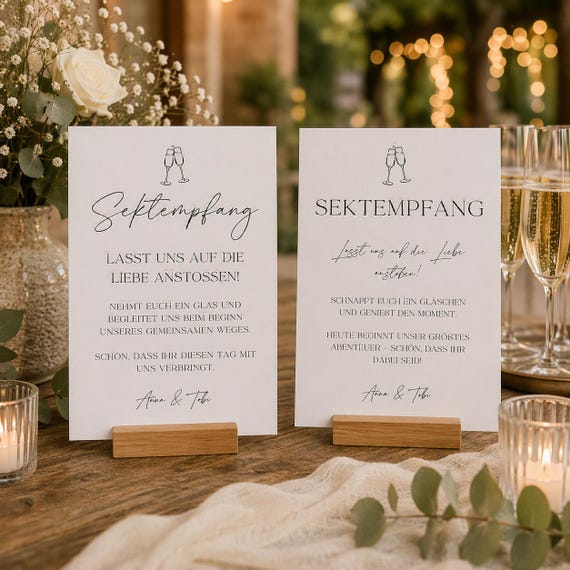 Sektempfang Hochzeit Schild mit Holzfuß – Empfangsschild Hochzeit, Sektbar Deko, A5 Feinpapier, Hochzeitsdeko, Gemeinsam Anstoßen