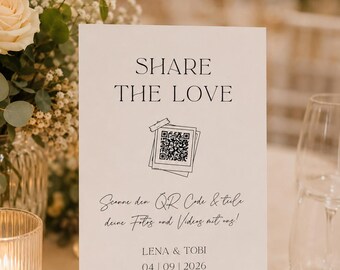 Share the Love Hochzeit Schild mit Holzfuß – QR Code Hochzeit, Fotos & Videos hochladen, A5 Feinpapier, Hochzeitsdeko, Gästefotos