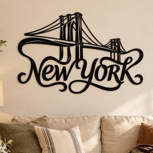 New Yorker Kunst, Brücken-Skyline-Schriftzug, Stadtreise-Design, Wanddekoration für Reisen, Reiseziel-Kunstwerke, Metallkunst für Fernweh, Weltgewandte Metallakzente