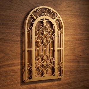 Vertical arch metal wall decor featuring ornate scroll patterns, stylish statement piece for elegant home styling and vintage-inspired spaces