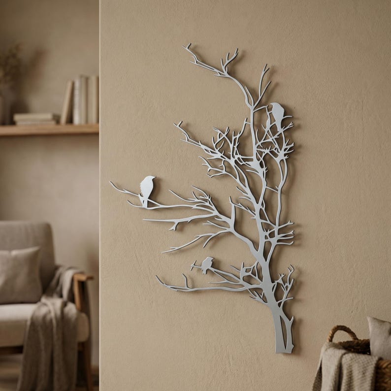 Birds on Tree Metal Wall Art, Rustic Bird Branch Decor, Vertical Nature ...