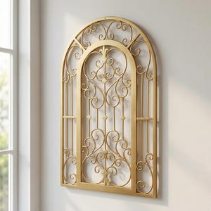Vintage iron gate inspired metal wall hanging with arched silhouette and intricate details, decorative wall art for rustic and gothic interiors